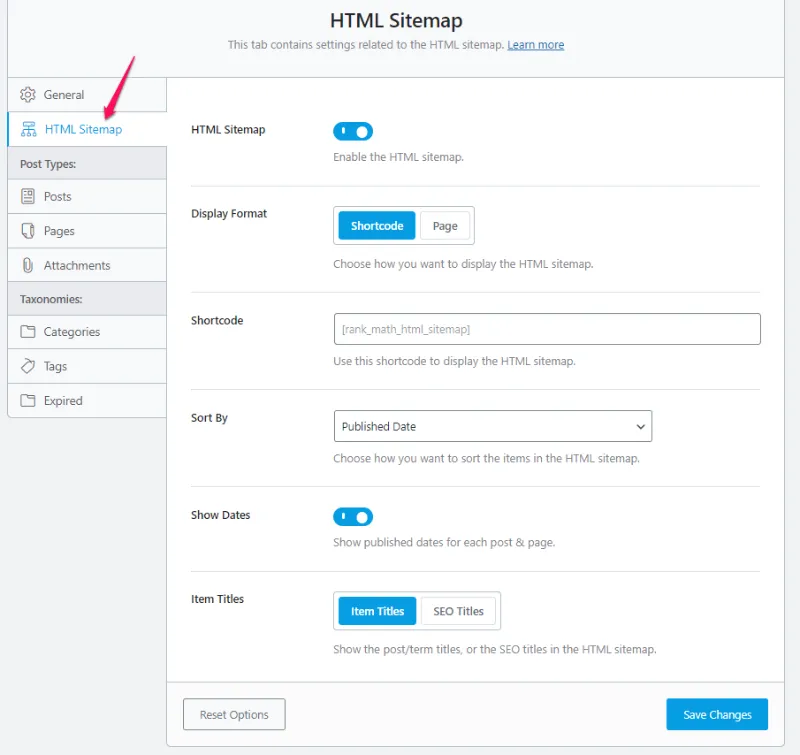 How to configure HTML sitemap using RankMath